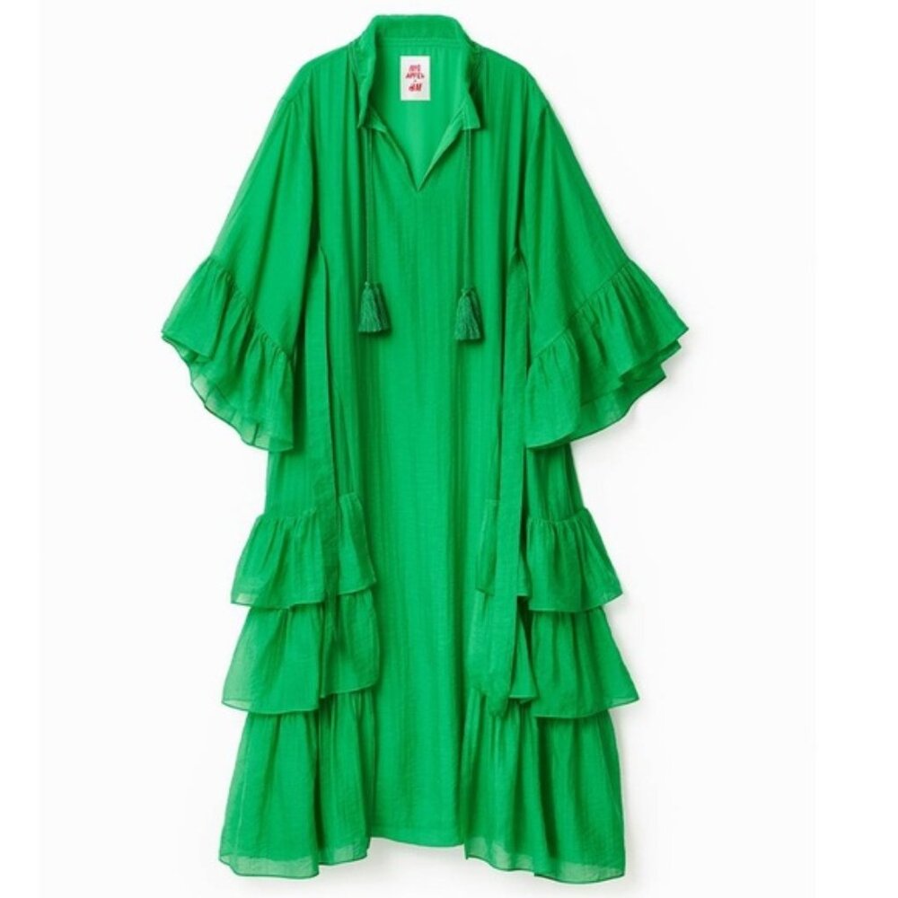 IRIS APFEL X H&M FLOUNCED GREEN DRESS SIZE XS, LIKE NEW